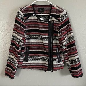 NWT Jessica Simpson Elora Striped Jacket Size L Asymmetric Full Zip Red Black